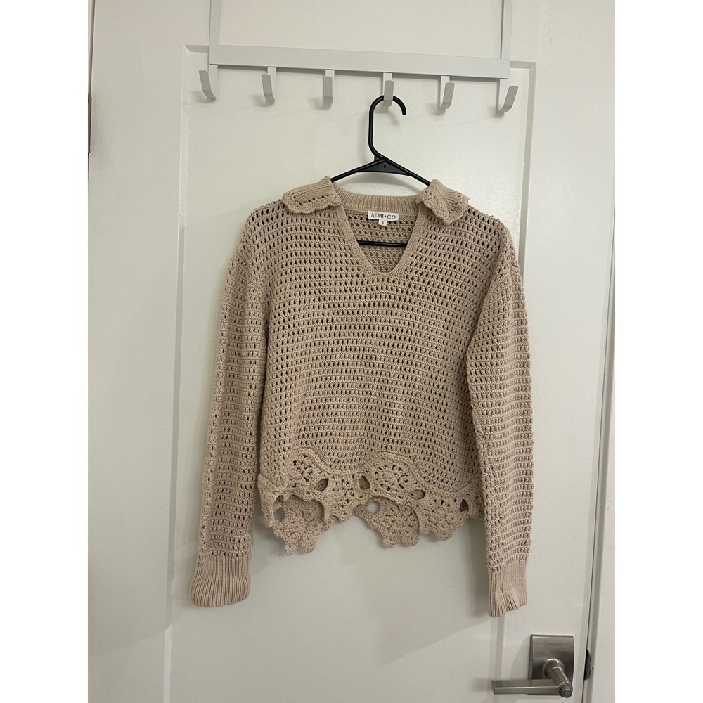 AEMI & CO Crochet Cotton Knit Sweater Chic Boho Beachy Coastal Summer